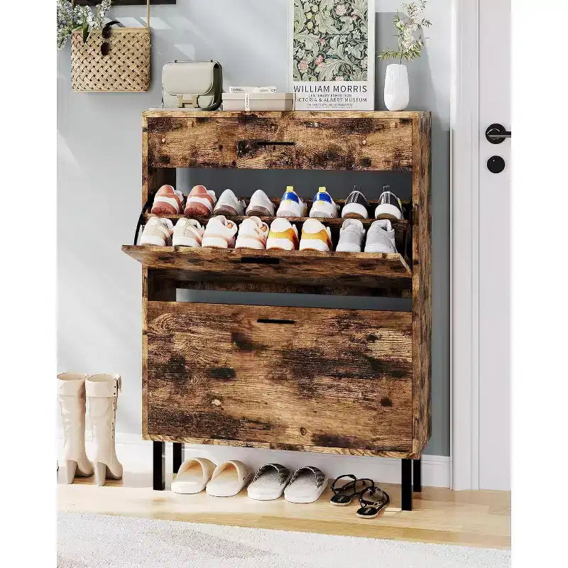 Meuble à chaussures de rangement pour entrée ultra fin avec 2 tiroirs abattants et 1 tiroir basculant, meuble à chaussures étroit, organisateur de chaussures moderne autoportant en bois