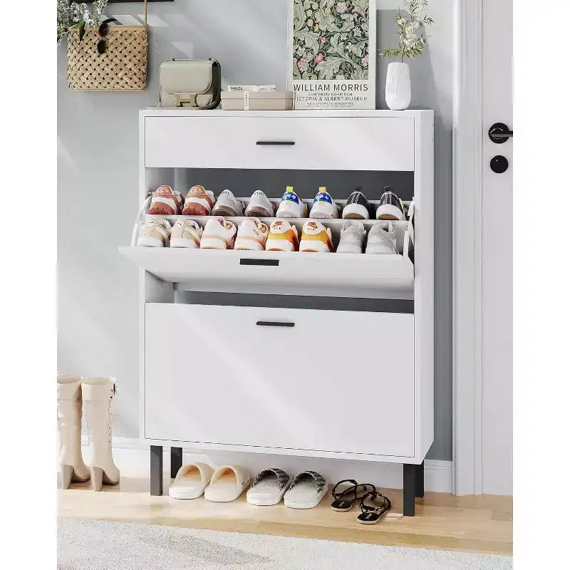 Meuble à chaussures de rangement pour entrée ultra fin avec 2 tiroirs abattants et 1 tiroir basculant, meuble à chaussures étroit, organisateur de chaussures moderne autoportant en bois