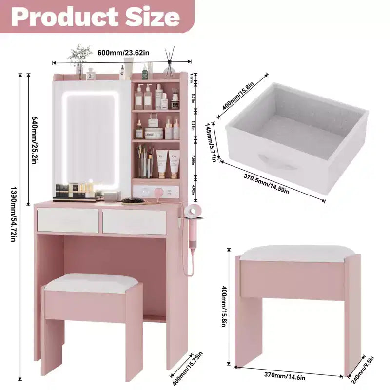Coiffeuse de Maquillage avec Miroir et Lumières, Ensemble Coiffeuse avec Station de Charge, Coiffeuse avec Tabouret, 2 Tiroirs, Prises de Courant et Ports USB