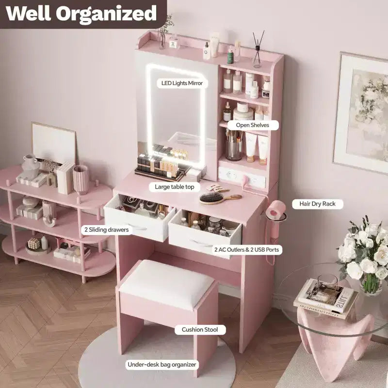 Coiffeuse de Maquillage avec Miroir et Lumières, Ensemble Coiffeuse avec Station de Charge, Coiffeuse avec Tabouret, 2 Tiroirs, Prises de Courant et Ports USB