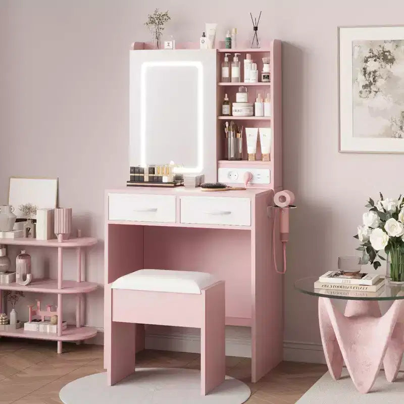 Coiffeuse de Maquillage avec Miroir et Lumières, Ensemble Coiffeuse avec Station de Charge, Coiffeuse avec Tabouret, 2 Tiroirs, Prises de Courant et Ports USB