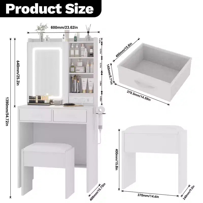 Coiffeuse de Maquillage avec Miroir et Lumières, Ensemble Coiffeuse avec Station de Charge, Coiffeuse avec Tabouret, 2 Tiroirs, Prises de Courant et Ports USB