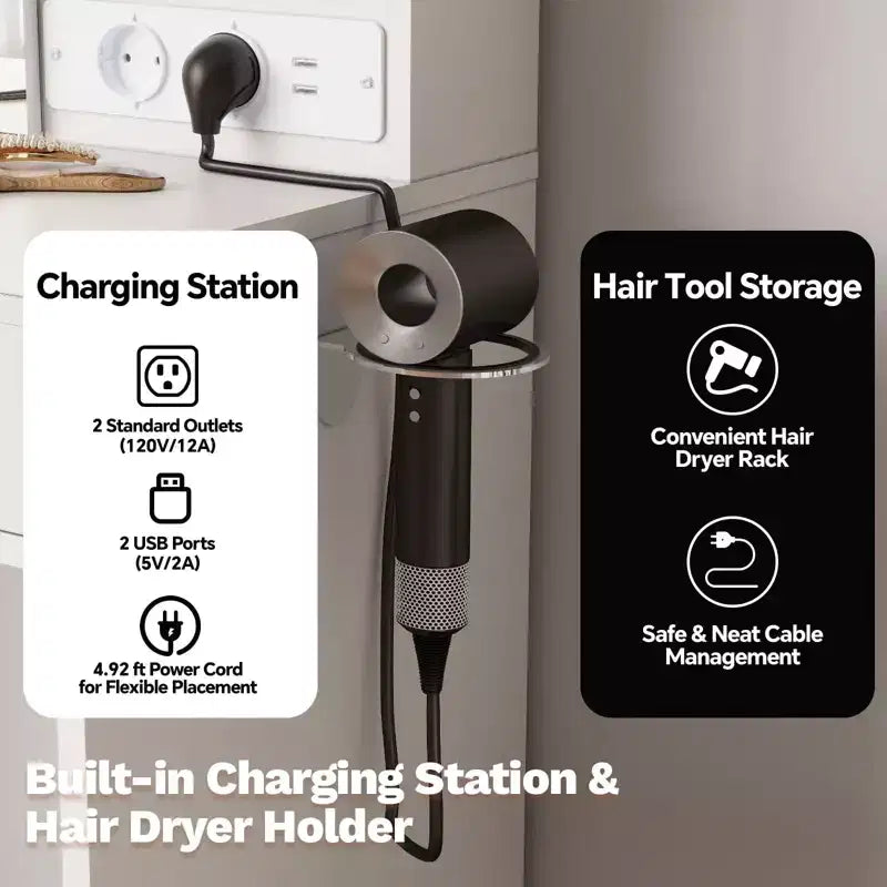 Coiffeuse de Maquillage avec Miroir et Lumières, Ensemble Coiffeuse avec Station de Charge, Coiffeuse avec Tabouret, 2 Tiroirs, Prises de Courant et Ports USB