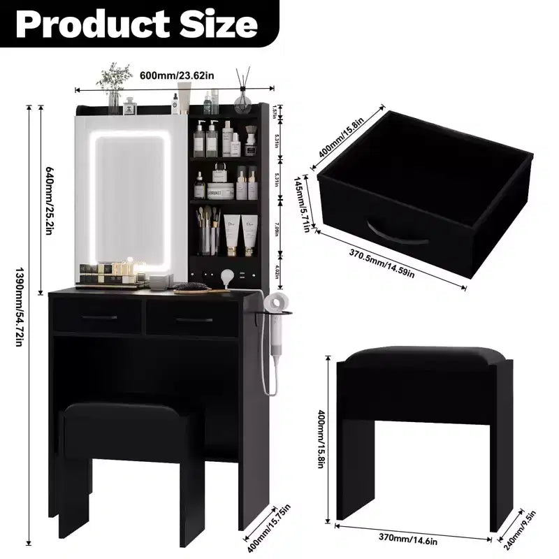 Coiffeuse de Maquillage avec Miroir et Lumières, Ensemble Coiffeuse avec Station de Charge, Coiffeuse avec Tabouret, 2 Tiroirs, Prises de Courant et Ports USB