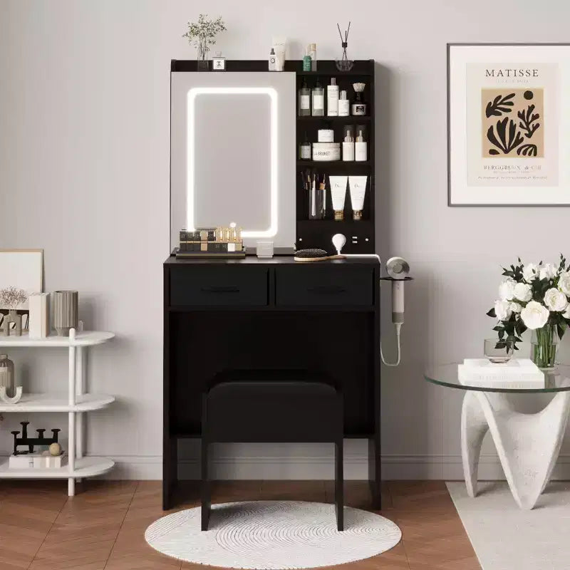 Coiffeuse de Maquillage avec Miroir et Lumières, Ensemble Coiffeuse avec Station de Charge, Coiffeuse avec Tabouret, 2 Tiroirs, Prises de Courant et Ports USB