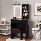 Coiffeuse de Maquillage avec Miroir et Lumières, Ensemble Coiffeuse avec Station de Charge, Coiffeuse avec Tabouret, 2 Tiroirs, Prises de Courant et Ports USB