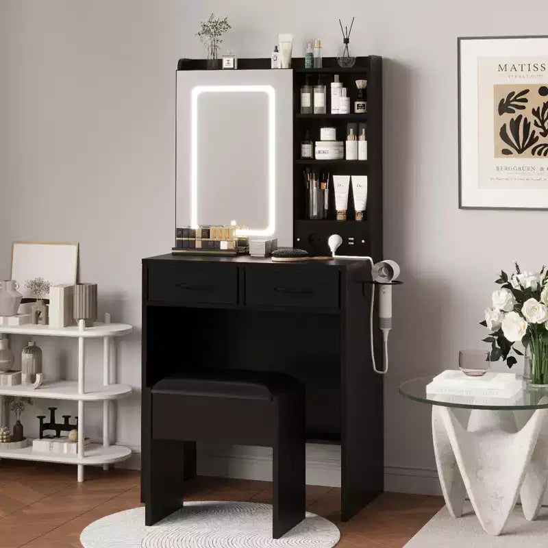 Coiffeuse de Maquillage avec Miroir et Lumières, Ensemble Coiffeuse avec Station de Charge, Coiffeuse avec Tabouret, 2 Tiroirs, Prises de Courant et Ports USB