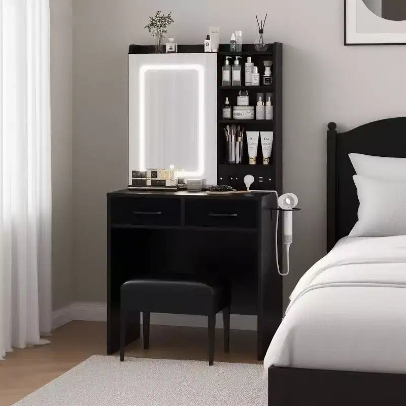 Makeup Vanity Desk with Mirror and Lights, Vanity Table Set with Charging Station, Dressing Table with Stool, 2 Drawers, Power Outlets & USB Ports