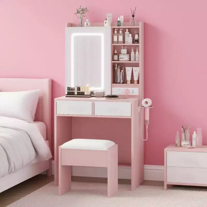 Coiffeuse de Maquillage avec Miroir et Lumières, Ensemble Coiffeuse avec Station de Charge, Coiffeuse avec Tabouret, 2 Tiroirs, Prises de Courant et Ports USB