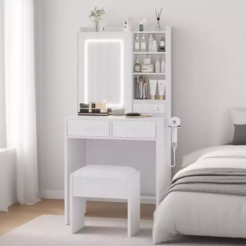 Coiffeuse de Maquillage avec Miroir et Lumières, Ensemble Coiffeuse avec Station de Charge, Coiffeuse avec Tabouret, 2 Tiroirs, Prises de Courant et Ports USB