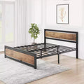 Metal platform queen bed frame with wooden headboard and footboard, non-slip and durable, with ample under-bed storage, no box spring required.