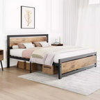 Lit queen size avec cadre en métal, tête et pied de lit en bois, antidérapant et durable, avec grand espace de rangement sous le lit, sommier tapissier non requis.