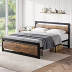 Lit queen size avec cadre en métal, tête et pied de lit en bois, antidérapant et durable, avec grand espace de rangement sous le lit, sommier tapissier non requis.