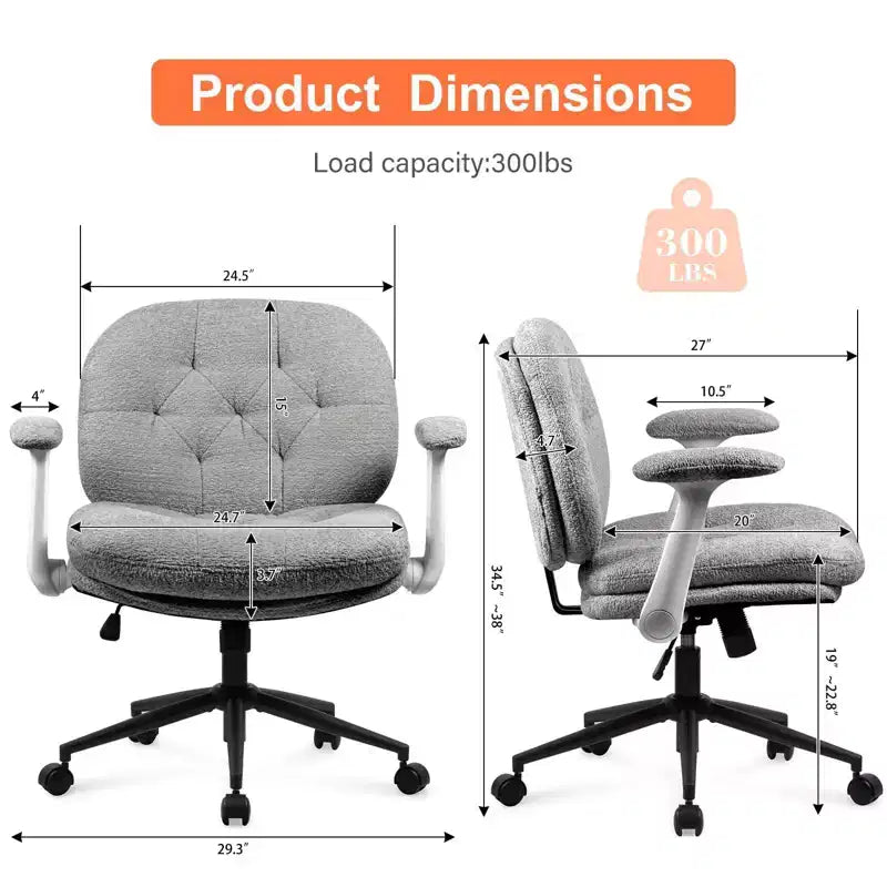 Chaise grise à pieds croisés et accoudoirs relevables : Siège large pivotant Confortable pour bureau/coiffeuse pour femmes, Prête pour la maison/le bureau