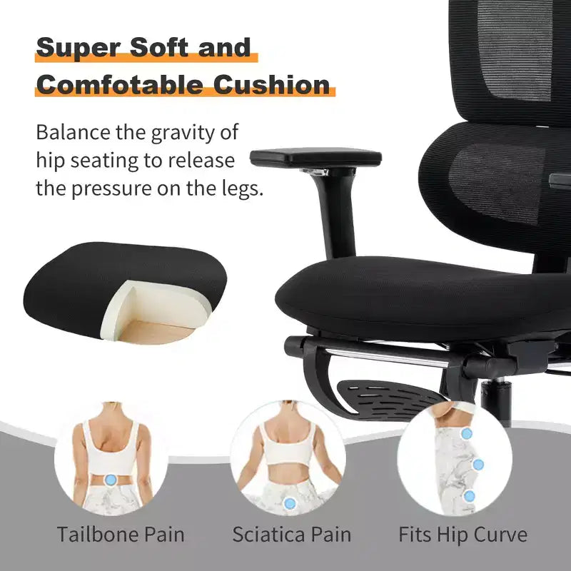 Chaise en maille noire avec repose-pieds, accoudoirs 4D, appui-tête 2D et soutien lombaire dynamique, roulettes silencieuses, prête pour la maison/le bureau