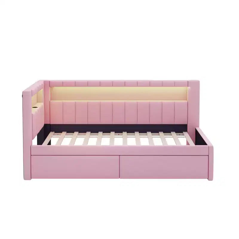 Lit de repos rembourré jumeau avec 2 tiroirs, cadre de lit de repos avec rangement, tête de lit en L, ports USB et LED