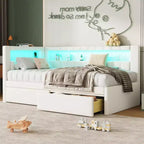 Lit de repos rembourré jumeau avec 2 tiroirs, cadre de lit de repos avec rangement, tête de lit en L, ports USB et LED