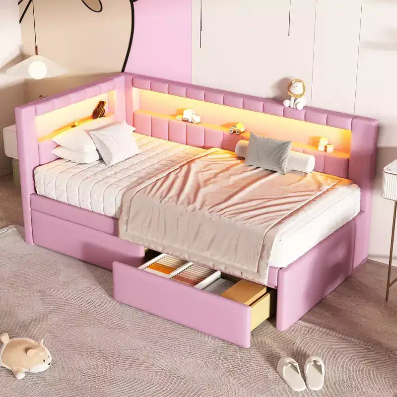 Lit de repos rembourré jumeau avec 2 tiroirs, cadre de lit de repos avec rangement, tête de lit en L, ports USB et LED