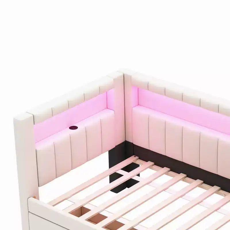 Lit de repos rembourré jumeau avec 2 tiroirs, cadre de lit de repos avec rangement, tête de lit en L, ports USB et LED