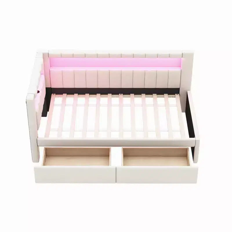 Lit de repos rembourré jumeau avec 2 tiroirs, cadre de lit de repos avec rangement, tête de lit en L, ports USB et LED