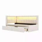 Lit de repos rembourré jumeau avec 2 tiroirs, cadre de lit de repos avec rangement, tête de lit en L, ports USB et LED