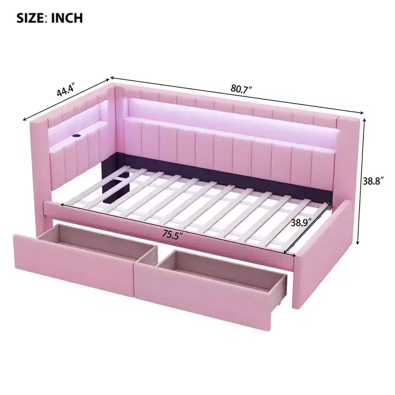 Lit de repos rembourré jumeau avec 2 tiroirs, cadre de lit de repos avec rangement, tête de lit en L, ports USB et LED