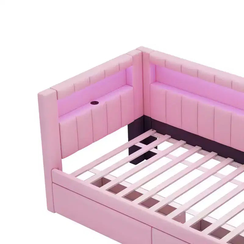 Lit de repos rembourré jumeau avec 2 tiroirs, cadre de lit de repos avec rangement, tête de lit en L, ports USB et LED