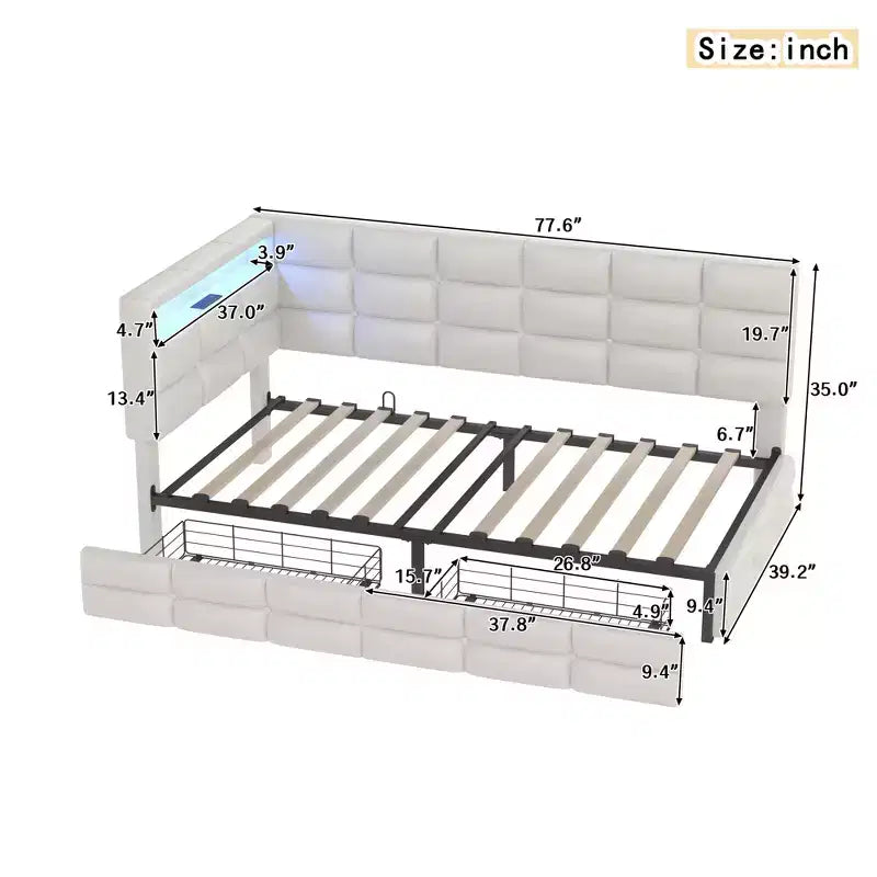 Lit de repos capitonné pour jumeaux avec 2 tiroirs et station de charge, coin en L avec lumières LED et tête de lit de rangement
