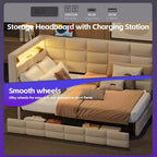 Lit de repos capitonné pour jumeaux avec 2 tiroirs et station de charge, coin en L avec lumières LED et tête de lit de rangement