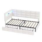 Lit de repos capitonné pour jumeaux avec 2 tiroirs et station de charge, coin en L avec lumières LED et tête de lit de rangement