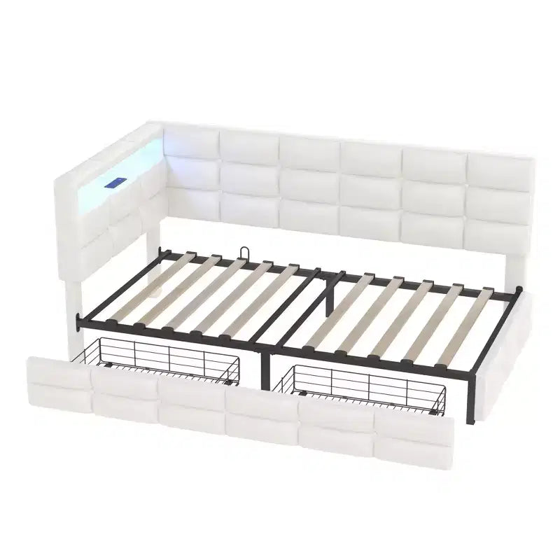 Lit de repos capitonné pour jumeaux avec 2 tiroirs et station de charge, coin en L avec lumières LED et tête de lit de rangement