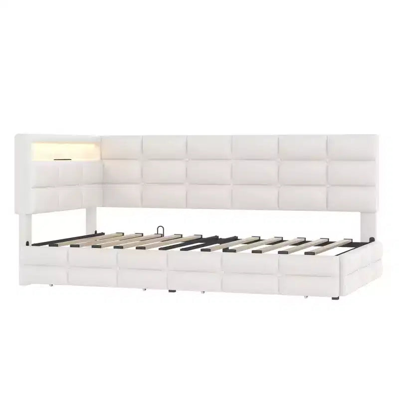 Lit de repos capitonné pour jumeaux avec 2 tiroirs et station de charge, coin en L avec lumières LED et tête de lit de rangement