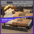 Lit de repos capitonné pour jumeaux avec 2 tiroirs et station de charge, coin en L avec lumières LED et tête de lit de rangement