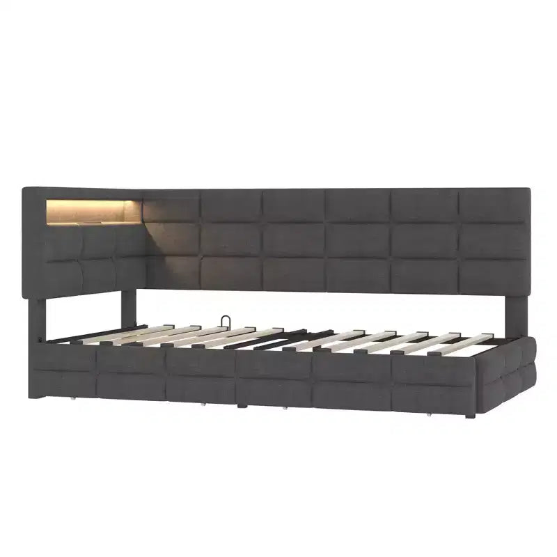 Lit de repos capitonné pour jumeaux avec 2 tiroirs et station de charge, coin en L avec lumières LED et tête de lit de rangement