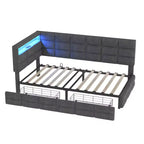 Lit de repos capitonné pour jumeaux avec 2 tiroirs et station de charge, coin en L avec lumières LED et tête de lit de rangement