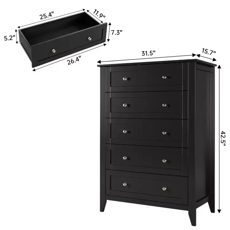 Table de chevet haute avec tiroirs, meuble de rangement en bois style ferme avec tiroirs profonds et poignées métalliques, pour chambre à coucher, salon et couloir NOIR