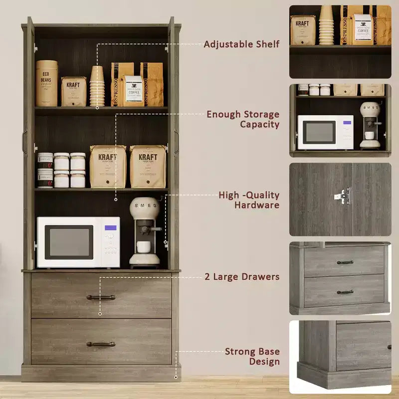 Meuble de rangement de cuisine de ferme, buffet de cuisine en bois avec porte coulissante, tiroirs et étagère réglable, rangement pour la salle à manger, le salon, le bureau