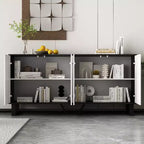 Buffet moderne noir et blanc Famapy : Portes à motifs géométriques, étagères réglables, rangement spacieux pour la salle à manger et le salon.