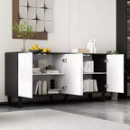 Buffet moderne noir et blanc Famapy : Portes à motifs géométriques, étagères réglables, rangement spacieux pour la salle à manger et le salon.