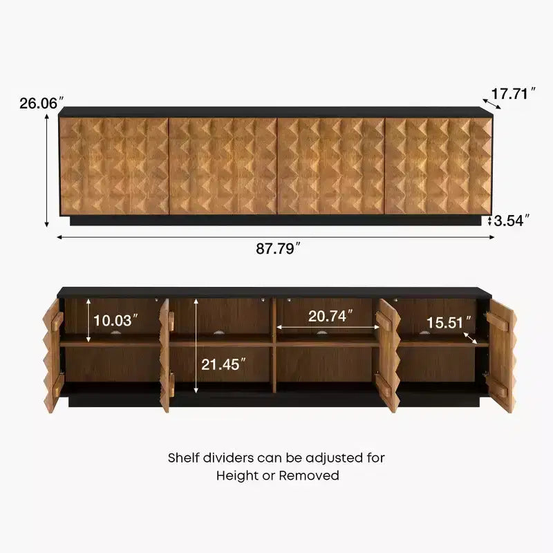 Meuble TV moderne Luck Live de 223 cm avec placards de rangement et étagères réglables, meuble de rangement de salon noir