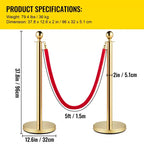 Poteaux et cordons en velours VEVOR, cordon rouge de 1,5 m, poteaux de délimitation dorés en acier inoxydable avec embout sphérique, barrière de contrôle de foule rouge utilisée pour les théâtres, dorée