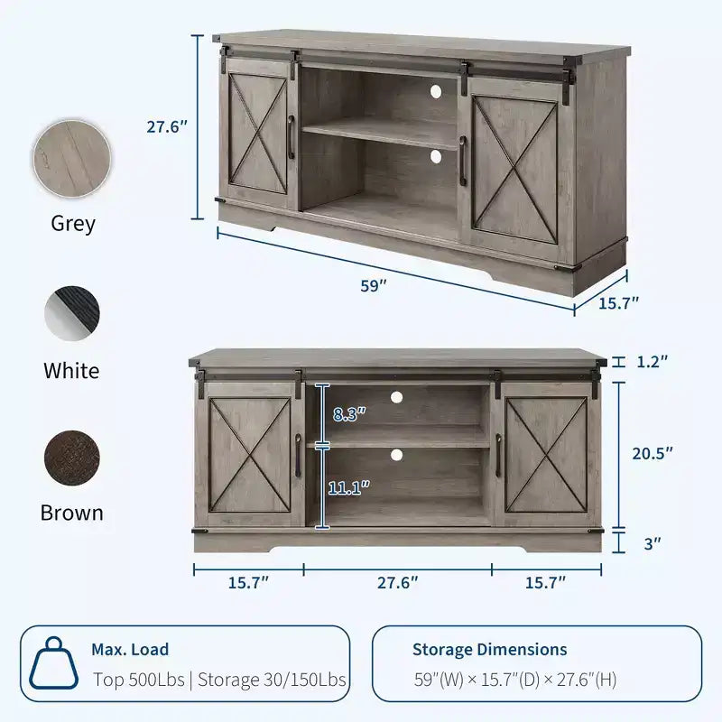Meuble TV style ferme de 65 pouces avec portes coulissantes façon grange, centre de divertissement et console média pour salon ou chambre à coucher