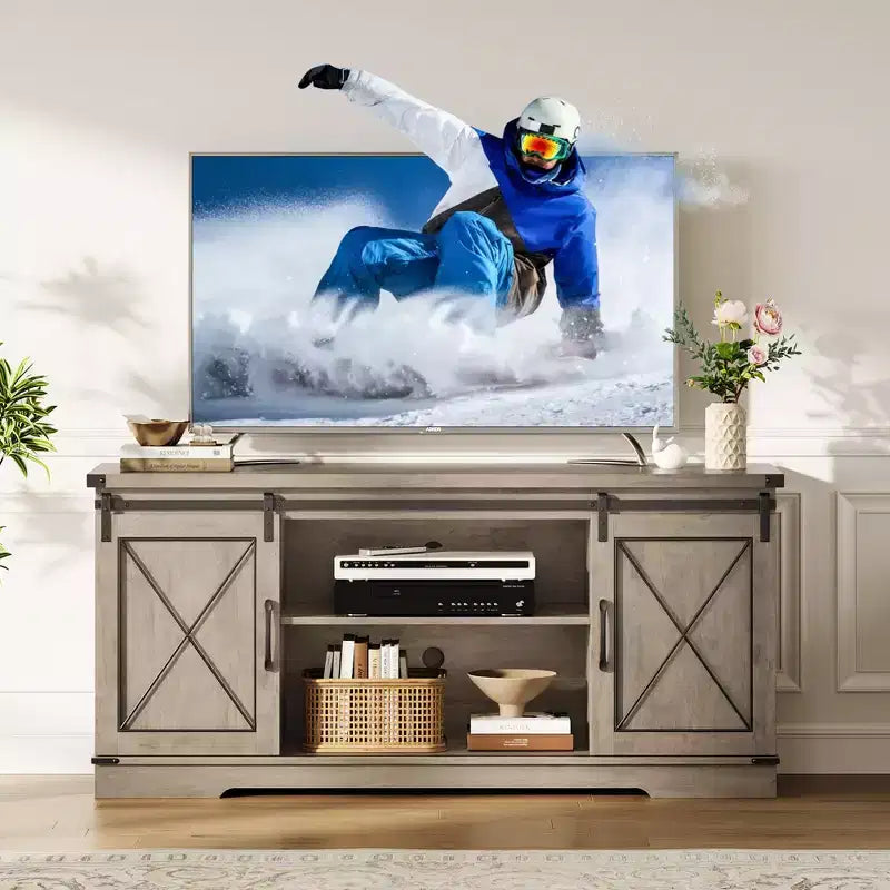 Meuble TV style ferme de 65 pouces avec portes coulissantes façon grange, centre de divertissement et console média pour salon ou chambre à coucher