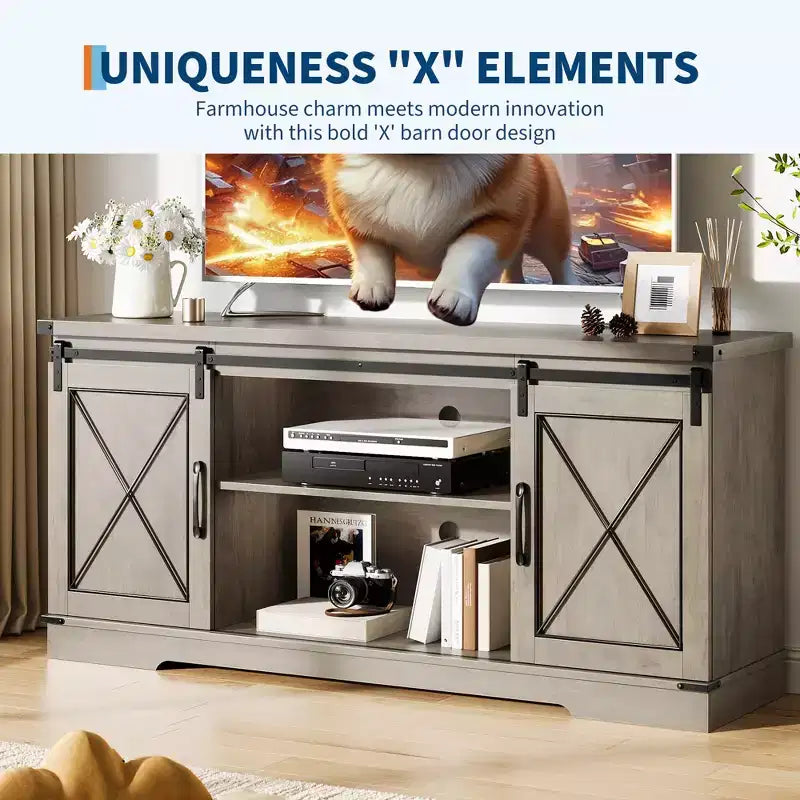 Meuble TV style ferme de 65 pouces avec portes coulissantes façon grange, centre de divertissement et console média pour salon ou chambre à coucher