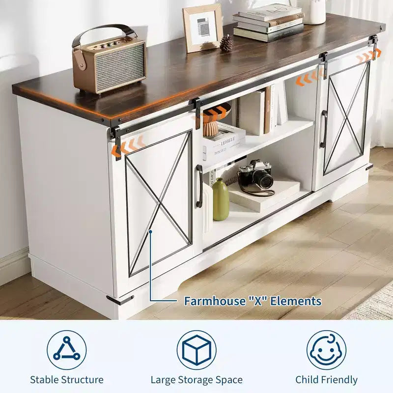 Meuble TV style ferme de 65 pouces avec portes coulissantes façon grange, centre de divertissement et console média pour salon ou chambre à coucher