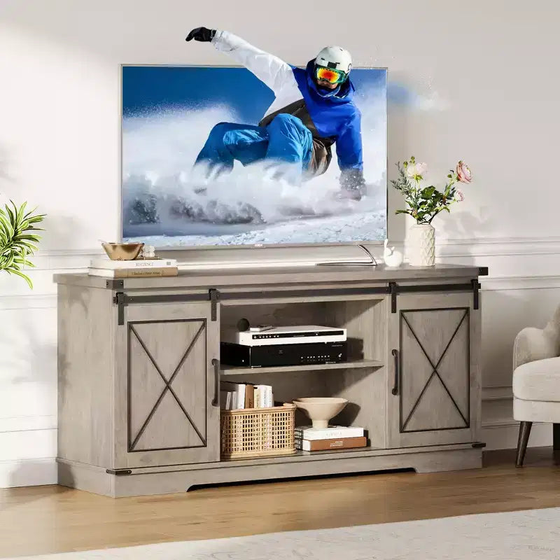 Meuble TV style ferme de 65 pouces avec portes coulissantes façon grange, centre de divertissement et console média pour salon ou chambre à coucher