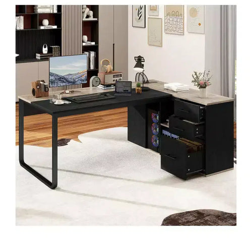71in Black L Shaped Desk Executive Desk With Power Outlets With File Cabinet For Home