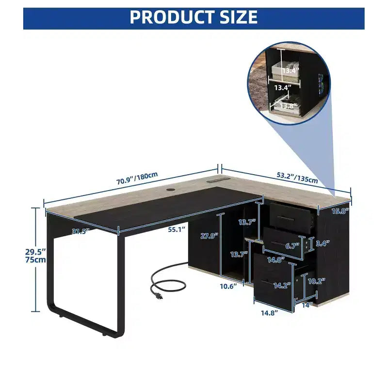 Bureau en L noir de 180 cm de long avec prises de courant et classeur pour la maison