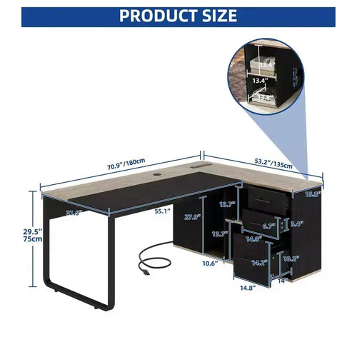 Bureau en L noir de 180 cm de long avec prises de courant et classeur pour la maison