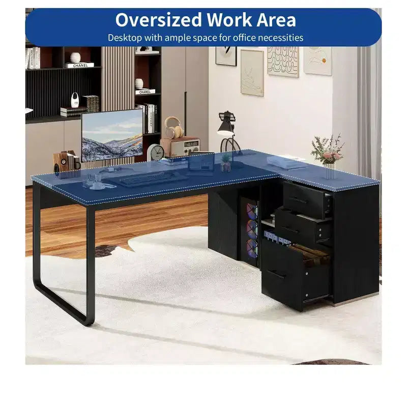 Bureau en L noir de 180 cm de long avec prises de courant et classeur pour la maison